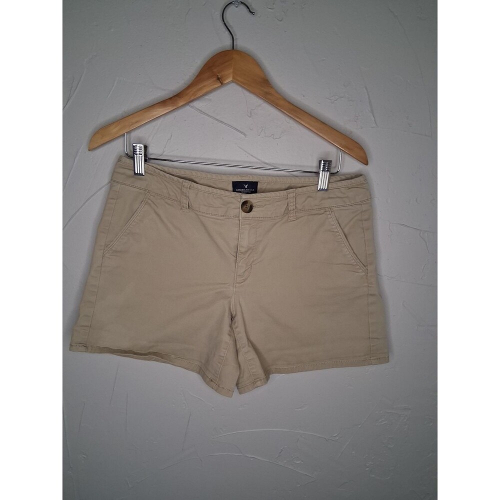American Eagle Midi Stretch Chino Shorts Women's Sz 10 Beige Khaki Cotton - Picture 2 of 9